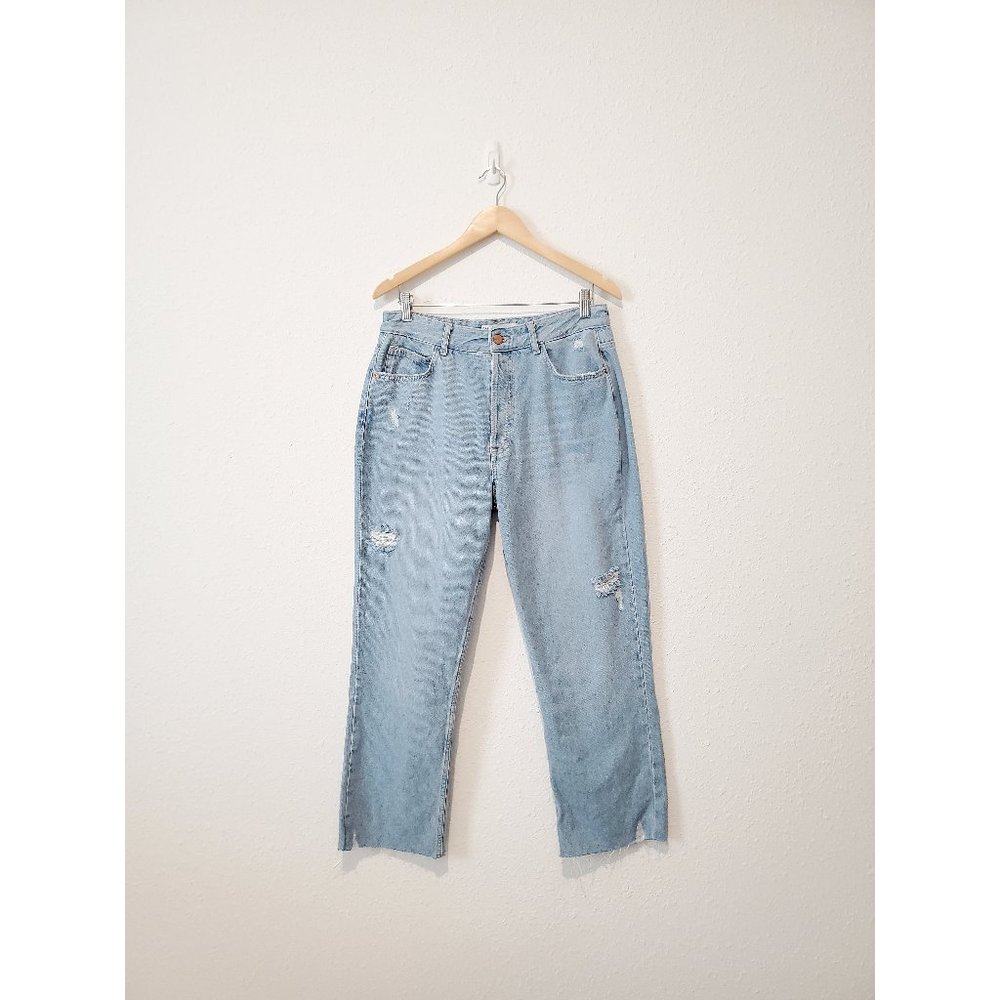 Zara Light Wash Distressed High Rise Straight Jeans 10 - Picture 2 of 8